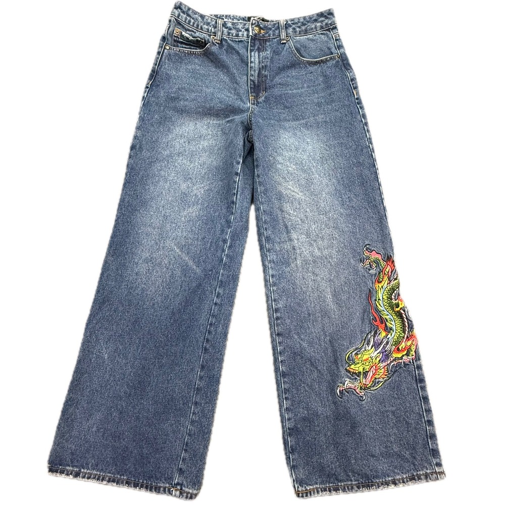 Ed Hardy Blue Relaxed Jeans with Colorful Dragon Design